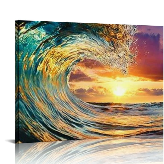 FCXZI Ocean Wave Paintings Canvas Wall Art Prints for Living Room Bathroom Blue Waves Sunset Seascape Pictures Artwork for Modern Home Office Decor 16x12in
