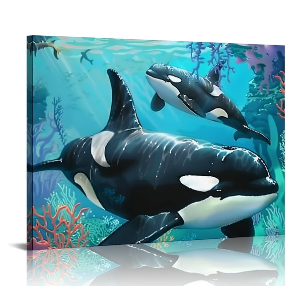 FCXZI Orca Whales, Corals, Seaweeds Canvas Wall Art Decor for Bathroom, Bedroom, Kitchen - Ready To Hang Home Art Decor 16x12in