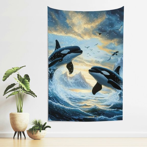 FCXZI Orca Whales Water Bird Print Tapestry Wall Hanging Art 40*60in
