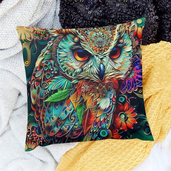 FCXZI Owl Flower Psychedelic Art Pillow Case Decor Indoor Decoration for Home Sofa Couch, Set of 1, 100% Linen, 3 Sizes 20x20in