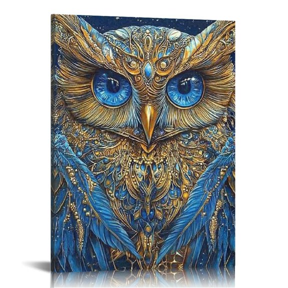 FCXZI Owl Gold Wings Blue Eyes Art Modern Canvas Print Wall Decor 12x16in