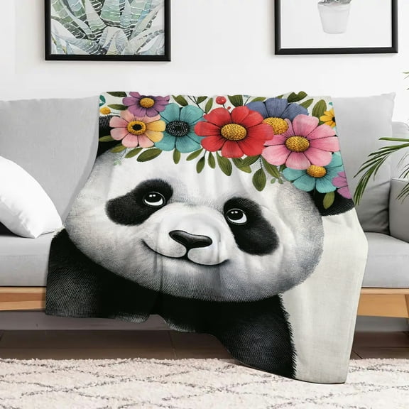 FCXZI Panda Flowers Crown Flannel Blanket Soft Warm Multi-Purpose 40x50in