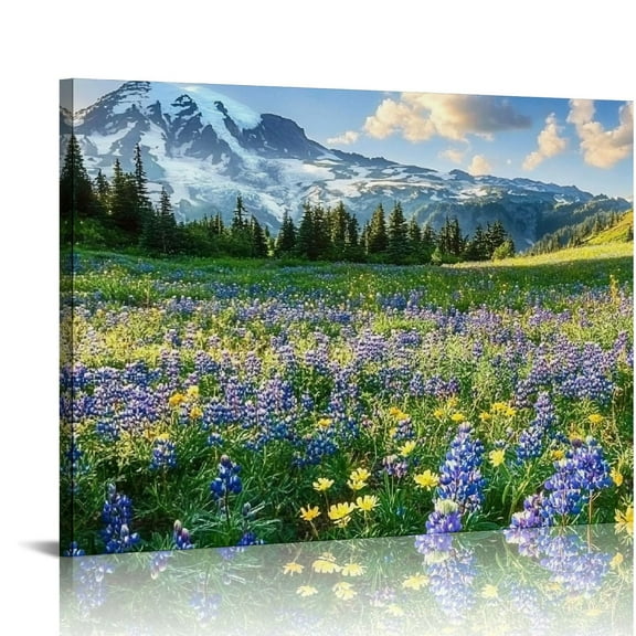 FCXZI Park Landscape Canvas Wall Art Purple Wildflower Pictures Nature Sunrise Mountains Prints Living Room Office Home Decorations 16x12in