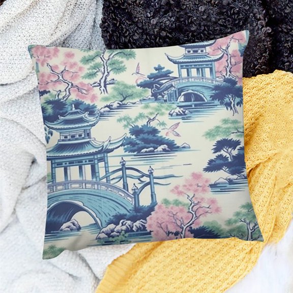 FCXZI Party Supplies Pagoda Trees Bridge Decorative Pillow Cover Set for Home Sofa Couch 18x18in