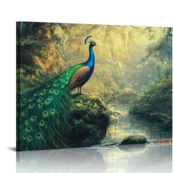 FCXZI Peacock Forest Stream Canvas Print Wall Art Decor for Bedroom and Kitchen - Ready To Hang Home Wall Decorations 16x12in