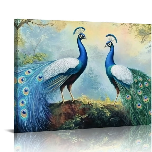 FCXZI Peacock Hand Painted White and Blue Peacock Oil Painting Canvas Print Wall Art Picture Print Modern Home Wall Decor Bedroom Aesthetics Living Room Office Décor 16x12in