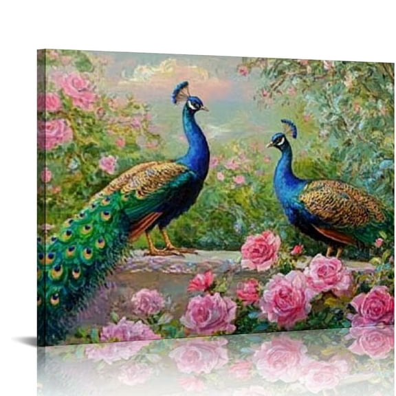 FCXZI Peacocks Roses Oil Painting Art Modern Canvas Prints Wall Decor Ready To Hang Home Room Decor 16x12in