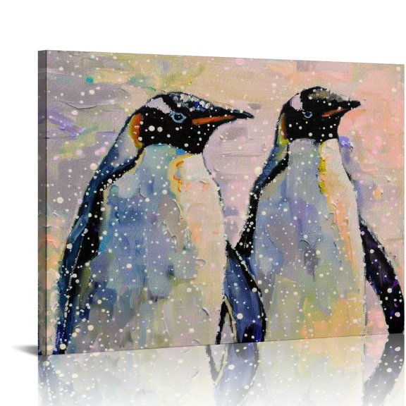 FCXZI Penguins Snow Ice Flakes Canvas Wall Art Decor for Bathroom, Ready To Hang Room Home Art Decor 16x12in