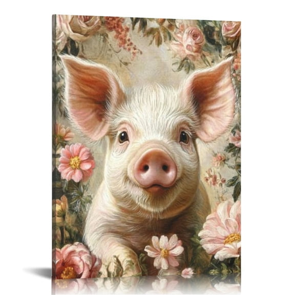 FCXZI Pig Flowers Oil Painting Canvas Print Wall Art Decor 12x16 16x20in