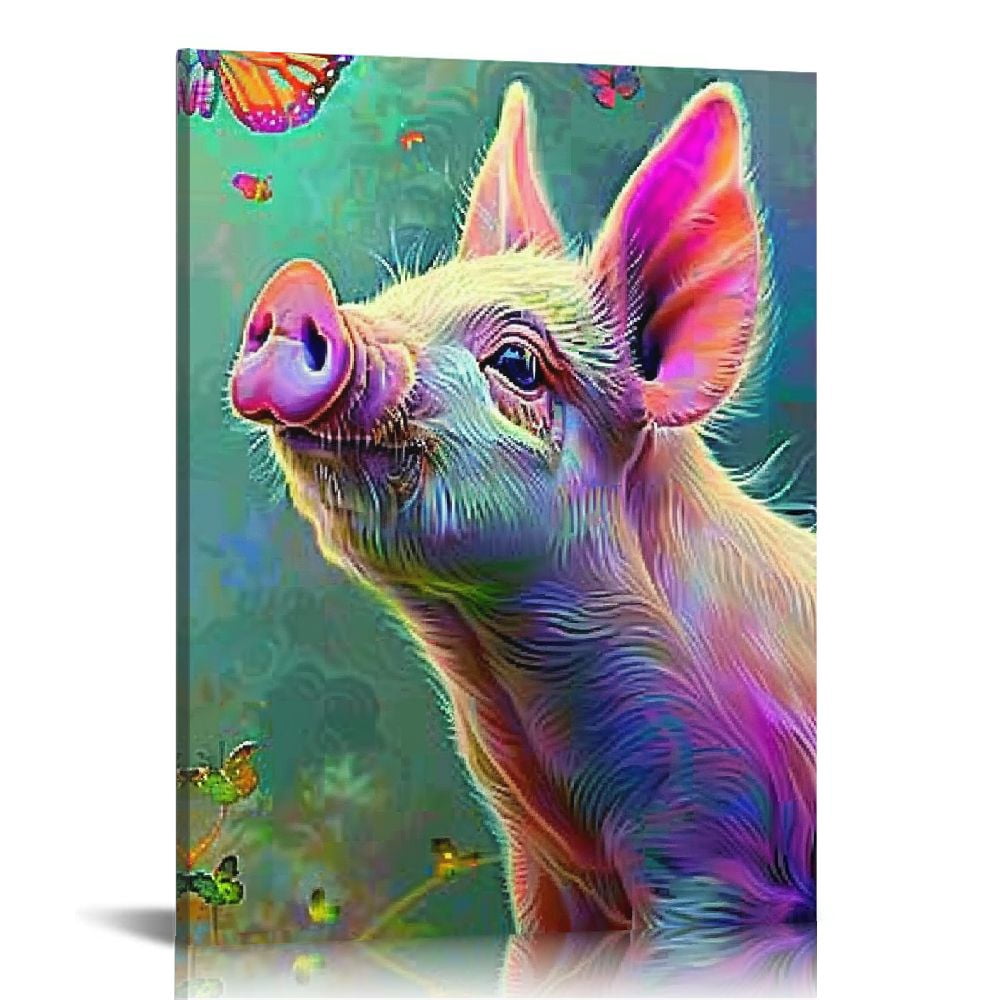 FCXZI Pig Wall Decor Butterfly Pigs Pictures Colorful Pig Canvas