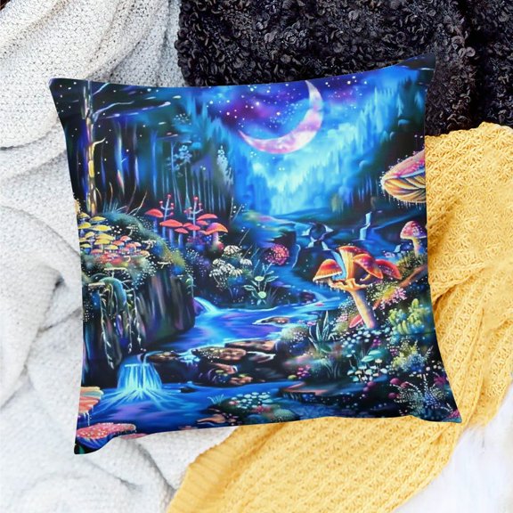 FCXZI Pillows Case Mushrooms Stream of Water Crescent Moon Farmhouse Decor for Home Sofa Couch Set of 1 100% Linen Pillow Covers 18x18in