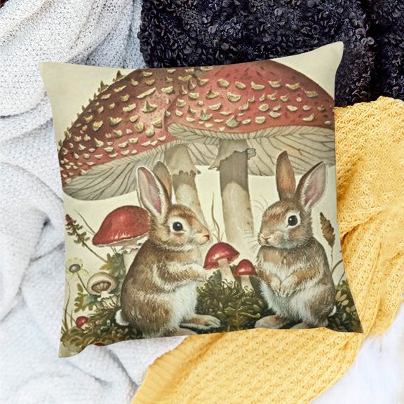 FCXZI Pillows Cushion Case Decor Rabbits Mushrooms Beatrix Potter Party Birthday Gift for Home Sofa Linen 100% 24x24in