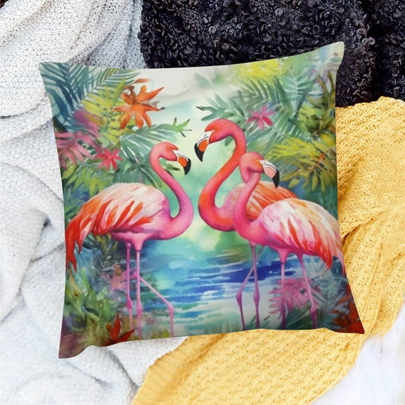 FCXZI Pillows Cushion Case Flamingos Tropical Plants Watercolors Decor Indoor Decoration for Home Sofa Couch - Set of 1, Linen Material, 3 Sizes 18x18in