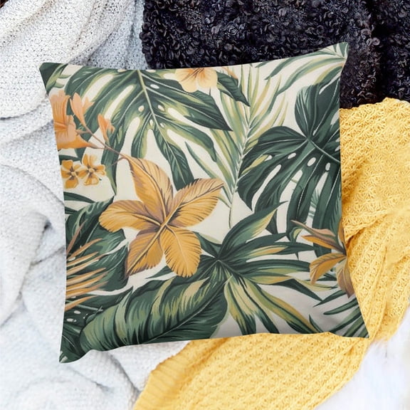 FCXZI Pillows Cushion Case Tropical Leaves Flowers Yellow Flower Decor for Home Sofa Couch Set of 1 Pillow Covers No Insert 100% Linen Outdoor Use 18x18in