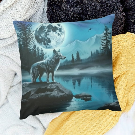 FCXZI Pillows Cushion Case Wolf Moon Forest Farmhouse Decor for Home Sofa Couch 100% Linen Set of 1 Pillow Covers 18x18in