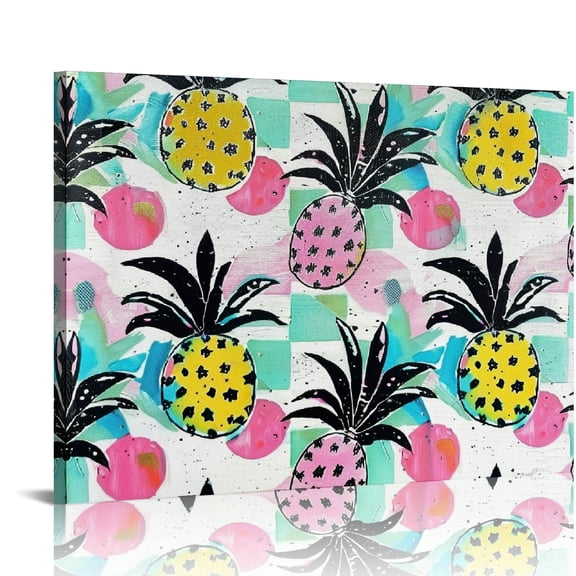 FCXZI Pineapples Checkered Pattern Maximalism Wall Decor for Bedroom Kitchen Canvas Art Print Ready to Hang Home Decor 16x12in