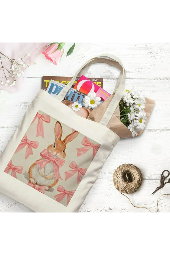 Pink Coquette Bunny Bow Tote Bag, Bunny Gifts Canvas Tote Bags for Women, Bunny Gifts for Women Teens Teen Girls, Gifts for Bunny Lovers, Grocery Bags Reusable Shopping Bags White