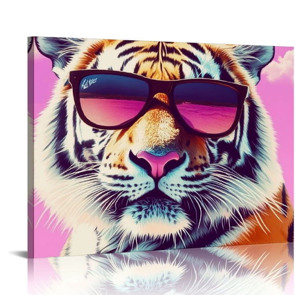 FCXZI Pink Tiger Vintage Wall Canvas Art Animal Preppy  Modern Wall Art Canvas Orange Tiger Sunglasses Trendy Colorful Eclectic Print Wall Decor Canvas painting 16x12in