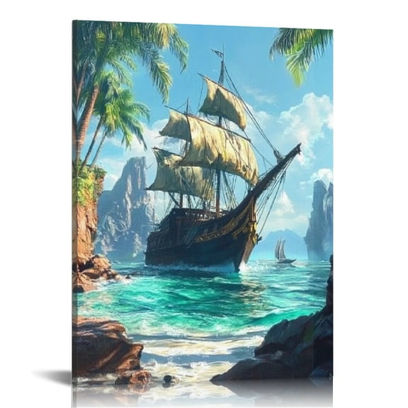 FCXZI Pirate Ship Ocean Fantasy Art Canvas Prints Wall Decor 12x16in