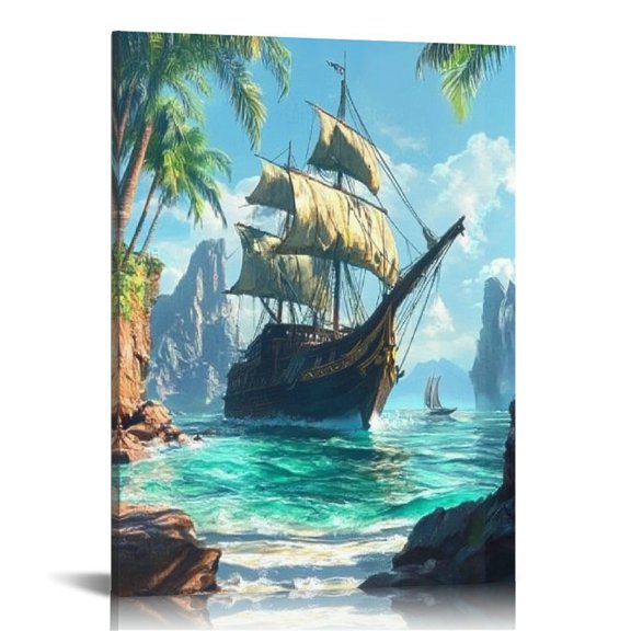 FCXZI Pirate Ship Ocean Fantasy Art Canvas Prints Wall Decor 16x20in