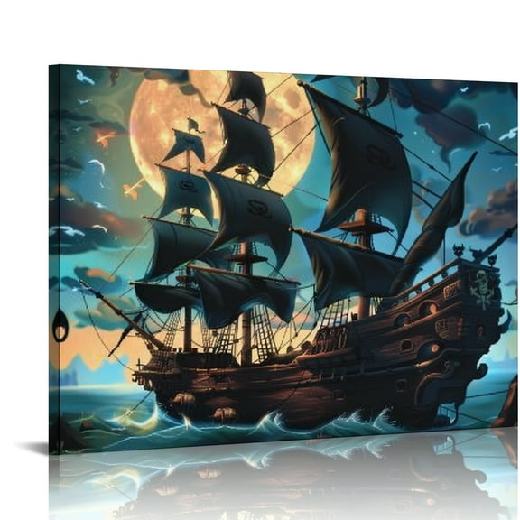 FCXZI Pirate Ship Ocean Full Moon Canvas Wall Art Print Decor Ready To Hang Home Room Decoration 16x12in
