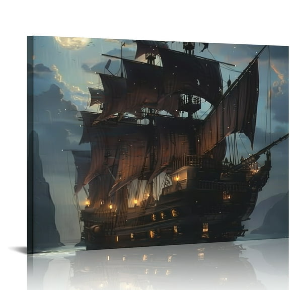 FCXZI Pirate Ship Sails Full Moon Art Modern Canvas Prints Wall Art Decor Ready To Hang Room Home 16x12in