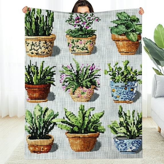 FCXZI Plants Cross Stitch Lightweight Flannel Blanket, Soft Warm Multi-Purpose 50*60in