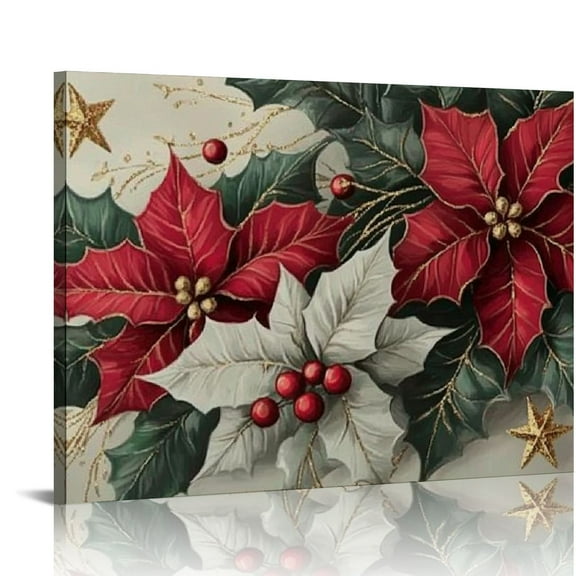 FCXZI Poinsettias Holly Gold Stars Christmas Canvas Prints Wall Art Ready To Hang Home Decor 16x12in