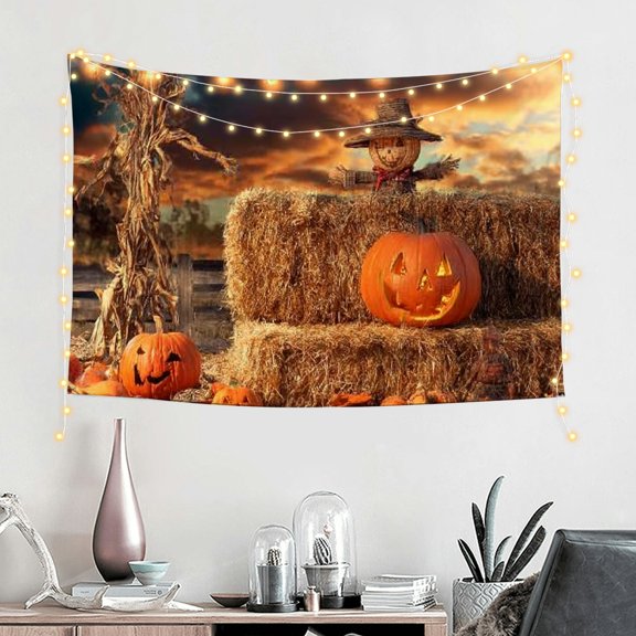 FCXZI   Polyester Halloween Photography Backdrop Hallowmas Eve Gloomy Devil Pumpkin Background Horrible Scarecrow Party Banner Scary Photo Tapestry Props with Four Holes Easy to Hang 60*40in