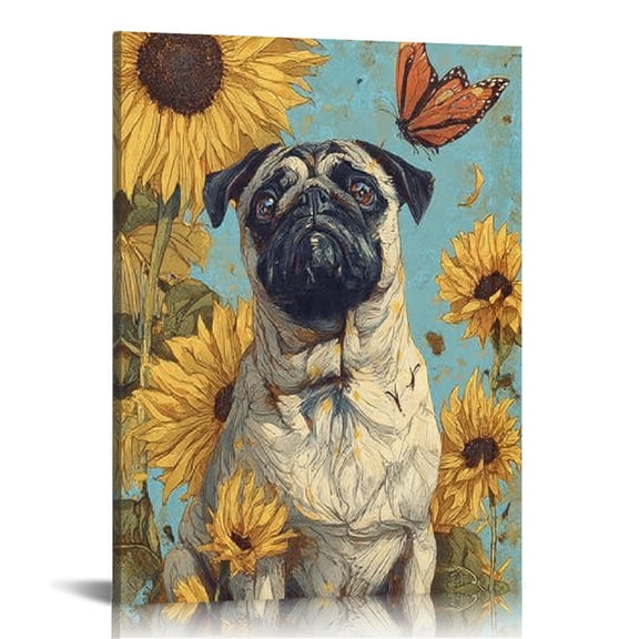 FCXZI Pug Sunflowers Butterfly Canvas Prints Wall Art Home Decor 16x20in