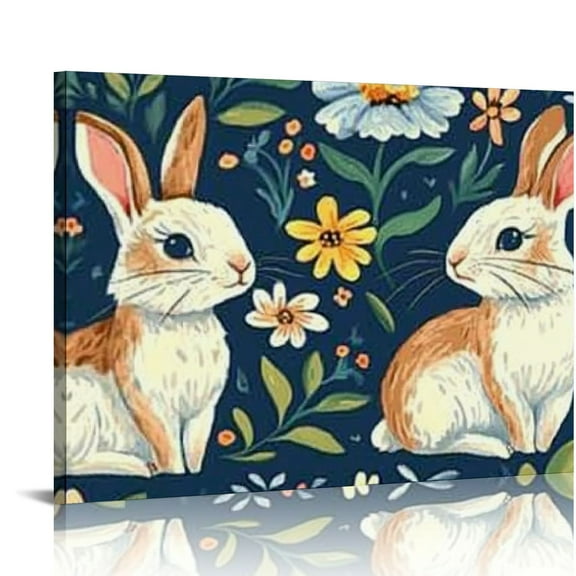 FCXZI Rabbit Floral Bunny Flower Vintage Canvas Print Painting Easter Bunnies and Wildflowers Spring Wall Hanging Canvas Prints Asian Scenic Chinoiserie Artwork 16x12in
