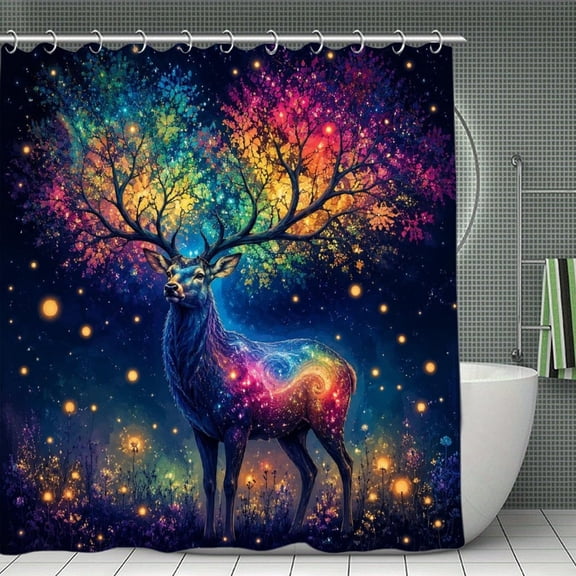 FCXZI Rainbow Deer With Glowing Antlers, Modern Bathroom Shower Curtain, Waterproof and Mildew-proof, Thickened Wet and Dry Separate Shower Curtain