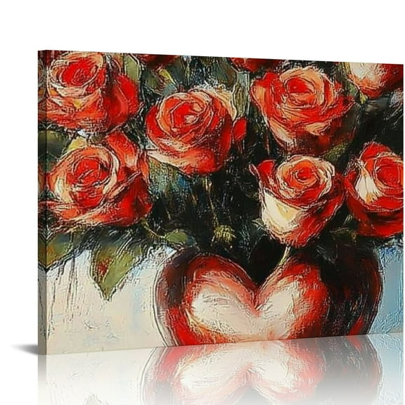FCXZI Red Rose Wall Art Romantic Valentines Canvas Prints Rustic Flowers with Love Vase Picture Vintage Painting Bathroom Living Room Bedroom Wall Decor 16x12in
