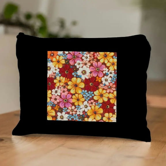 FCXZI Retro Hippie Flowers Makeup Bag Floral Lovers Gift Vintage Flower Cosmetic Bag Mom Birthday Nurse Mothers Day Graduation Friendship Gifts for Women BFF Sister Grandma Travel Toiletry Bag Black