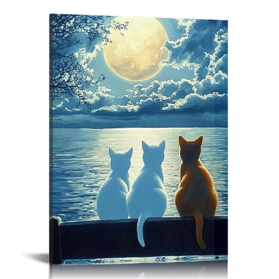 FCXZI Retro Starry Night With Funny Cat Canvas Prints Wall Art Night Starry Pictures Paintings Canvas Wall Decor for Living Room Bedroom Wall Decorations Ready to Hang Canvas painting 12x16in