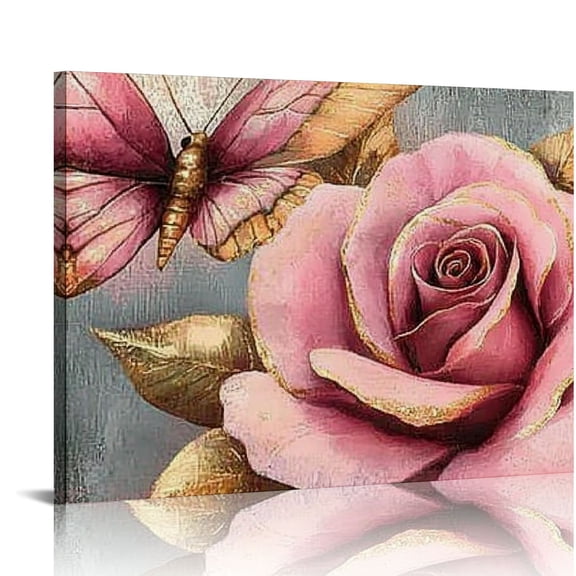 FCXZI Rose Flower Wall Art Floral with Butterfly Canvas Print Painting Gold and Pink Bathroom Living Room Bedroom Decor Artwork Ready to Hang 16x12in