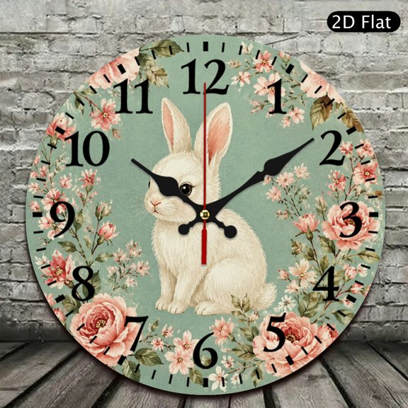 FCXZI Round Wooden Wall Clock White Bunny Print Silent Sweep Movement Home Decor 12x12in