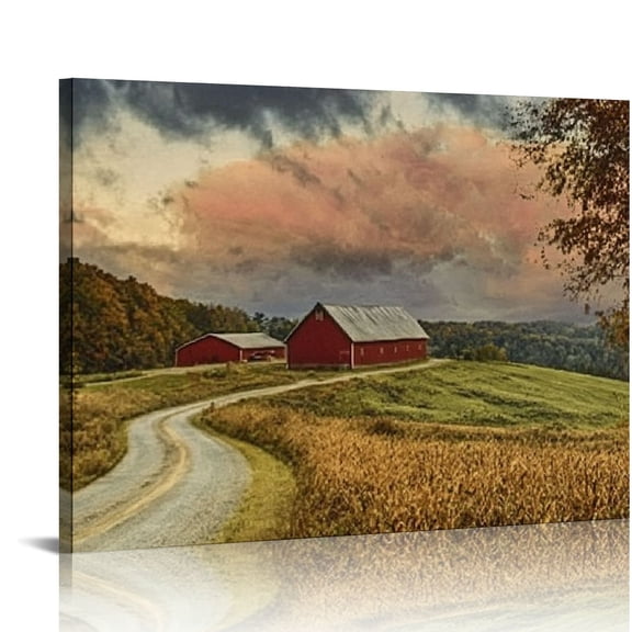 FCXZI Rural Road Barn Clouds Print Canvas Wall Art Decor 16x12in