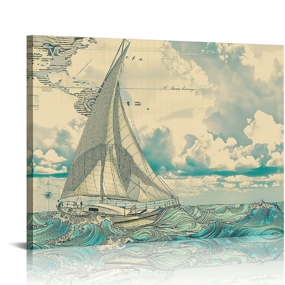 FCXZI Sailboat Clouds World Map Canvas Wall Art Decor for Home Living Room Bedroom Kitchen Office Hotel Salon, Modern Prints Ready to Hang Room Home Art Decor 16x12in