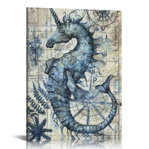 FCXZI Sea Horse Compass Seaweed Canvas Prints Wall Art Decor 12x16in