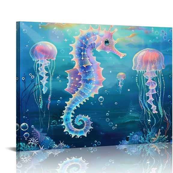 FCXZI Seahorse Jellyfish Ocean Wall Decor Canvas Art Prints for Home Bedroom Kitchen, Modern Room Decor Ready To Hang 16x12in