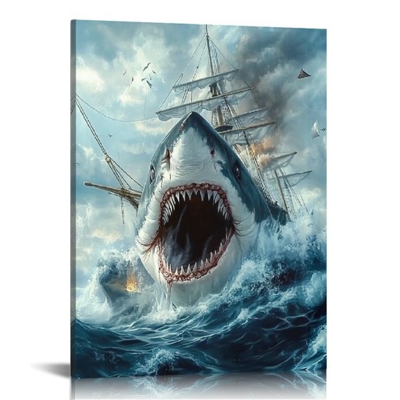 FCXZI Shark Ship Ocean Wall Decor Canvas Art for Home Office 12x16 12x16in