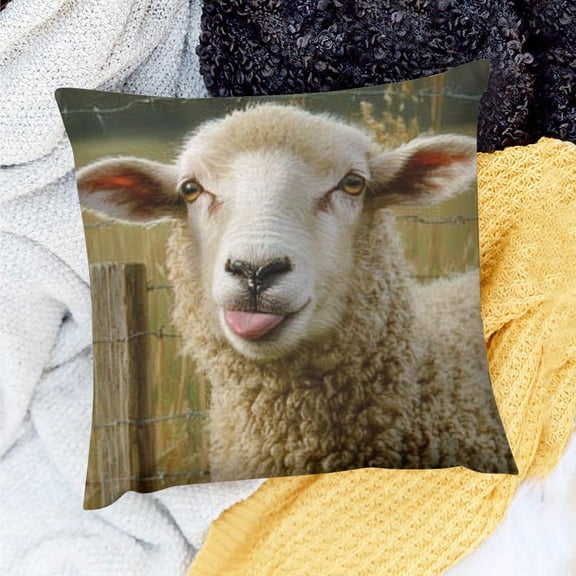 FCXZI Sheep Pillow Cover,Decorative Throw Pillow Funny Sheep Portrait of Sheep Showing Tongue Pillow cases Linen Outdoor Indoor Square Cushion Covers For Home Sofa couch Brown 18x18in