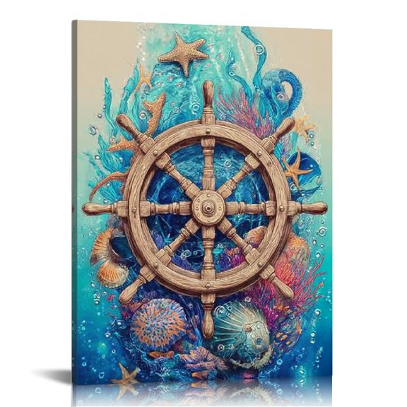 FCXZI Ship Wheel Sea Life Starfish Canvas Wall Art Decor 12x16 12x16in