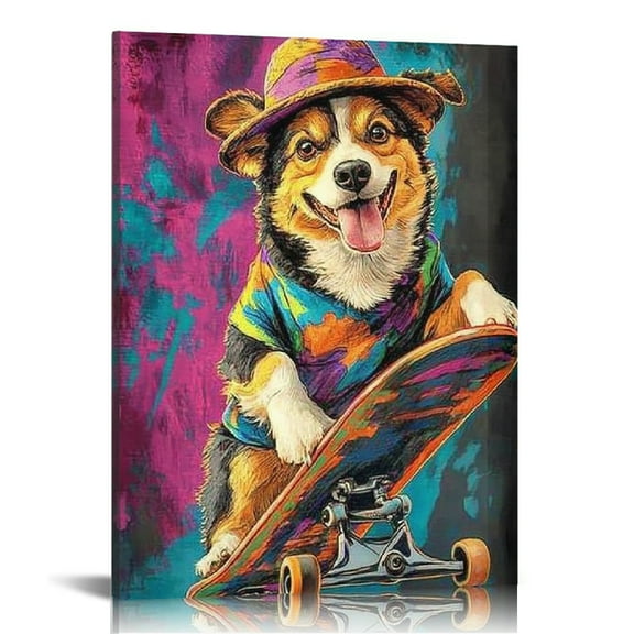 FCXZI Skateboarding Dog Canvas Wall Art Home Decor for Living Room 12x16in