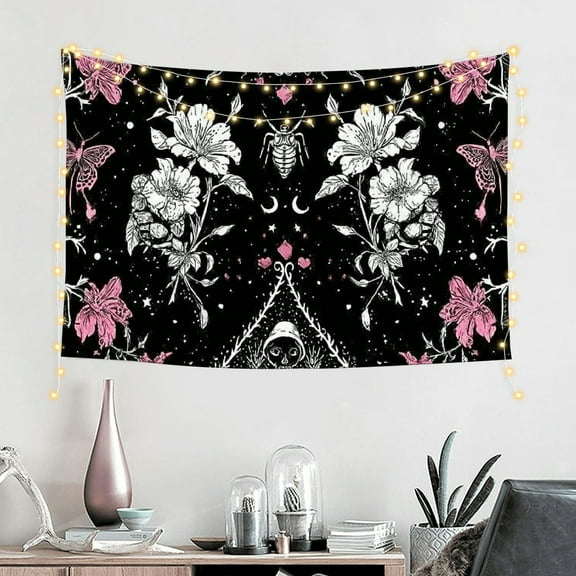 FCXZI Skull Butterfly Floral Tapestry Black and White Gothic Skeleton Tapestry Wall Hanging Decor Pink Constellation Witchy Tapestries Aesthetic for Bedroom Living Room 60*40in
