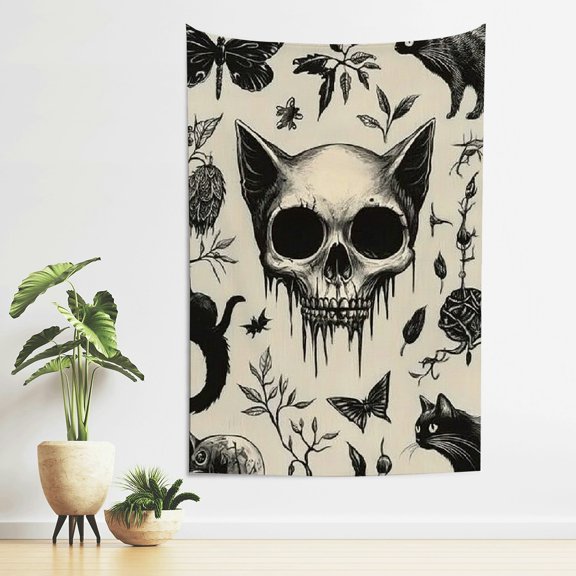 FCXZI Skulls Cats Gothic Art Wall Tapestry 100% Polyester Home Decor 40*60in