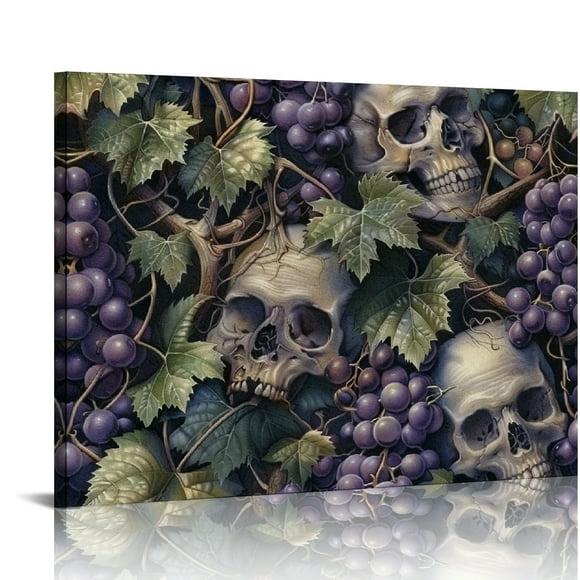 FCXZI Skulls Grapes Vine Wall Art Canvas Decor for Bedroom Kitchen, Print on Canvas Ready to Hang Home Art 16x12in