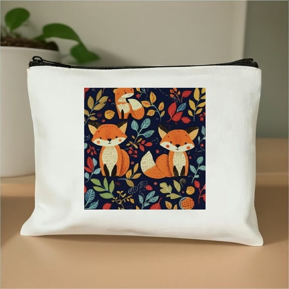 FCXZI Small Makeup Bag for Purse Cute Canvas Waterproof Cosmetic Bags for Women Zipper Travel Toiletry Pouch-Fox Makeup Bags White