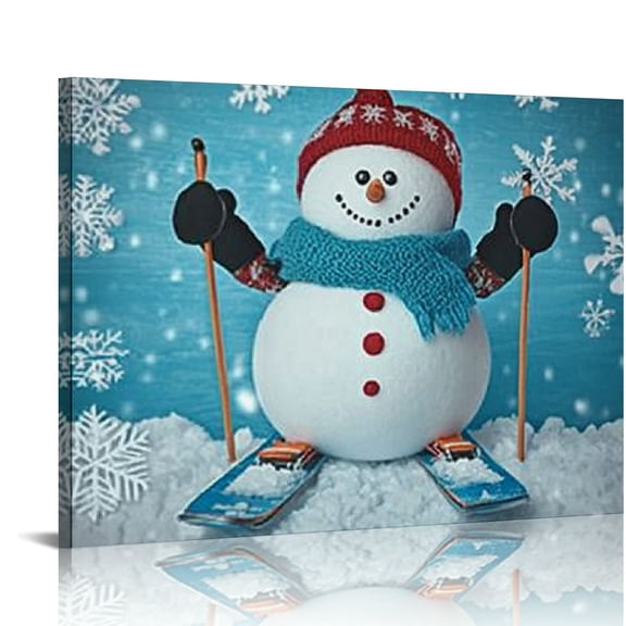 FCXZI Snowman Skis Snowflakes Canvas Print Wall Decor Christmas Art Modern Ready To Hang Home Decor 20x16in